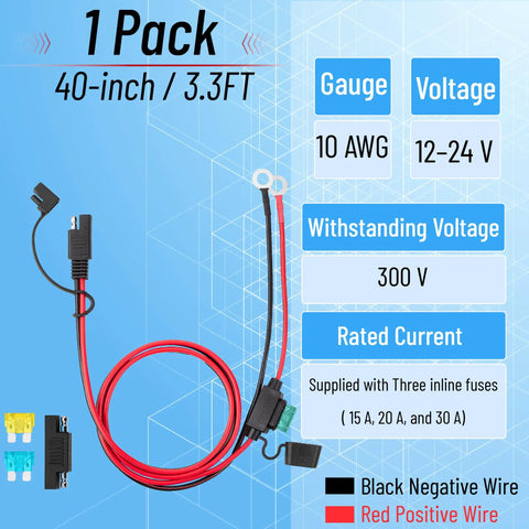 Rig Ready Sae Battery Connector 3.3 Ft Harness With Inline Fuses And Polarity Reverse Adapter 10 Awg Copper Wire for solar and marine use