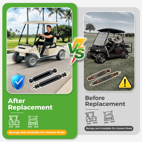 Comparison image of golf carts showing Smooth Ride Front And Rear Golf Cart Shock Absorber Kit For Club Car DS Electric 1981 Up.