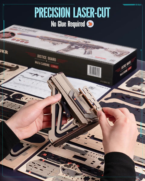 3D Wooden Puzzle Kit With Rubber Band Launching Mechanism DIY Hands On Build Toy For Teens And Adults Movable Stock Detachable Magazine Premium Wood Craft Gift Edition assembled model in hands