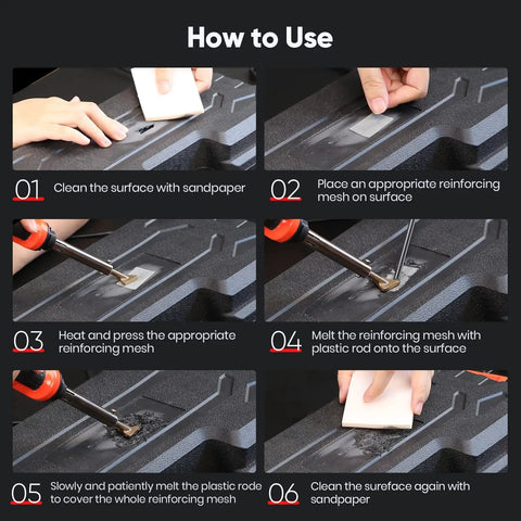 Steps to use 100W Plastic Welding Kit with Soldering Tips: sanding, reinforcing mesh, heating, and welding for repairs.