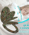 Elongated Resin Toilet Seat for Bathroom in camouflage design showing soft close feature with sleeping child in background.