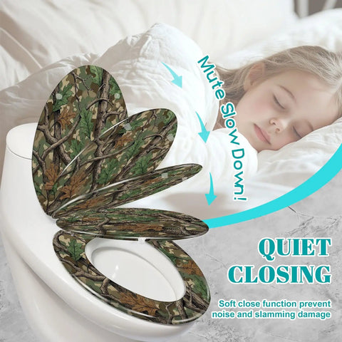 Elongated Resin Toilet Seat for Bathroom in camouflage design showing soft close feature with sleeping child in background.