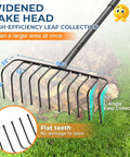 Heavy Duty 16 Inch Metal Garden Rake With 56 Inch Handle And 11 Steel Tines For Thatch Removal, shown flat on grass.