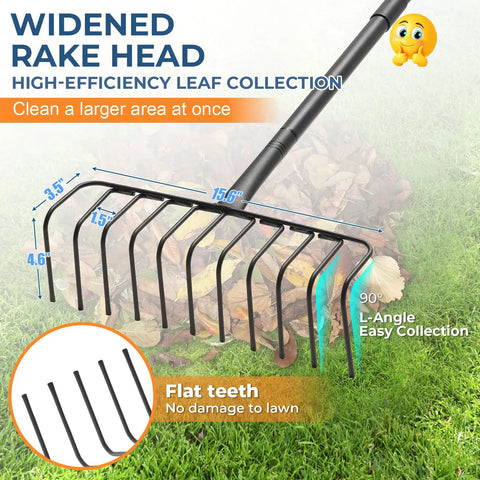 Heavy Duty 16 Inch Metal Garden Rake With 56 Inch Handle And 11 Steel Tines For Thatch Removal, shown flat on grass.