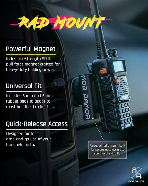 Rad Mount Magnetic Car Mount Kit for CB VHF GMRS with handheld radio on dashboard, showcasing powerful 90 lb pull-force magnet