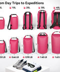 Floating Waterproof Dry Bag Backpack 10L Pink For Kayaking Rafting Boating And Outdoor Adventures shown in multiple sizes