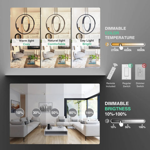 Different lighting settings of Modern LED Chandelier With Dimmable Remote Control, Acrylic Crystal Ring Pendant Light in a living room
