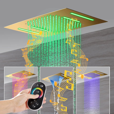 Slick 15 By 23 Inch Rectangular LED Shower Setup With Antique Brass Finish And Integrated Bluetooth Speakers featuring colorful water flow and remote control.