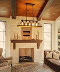 Five Light Metal Chandelier With Imitation Wood Grain Finish in living room, rustic farmhouse style displayed over fireplace