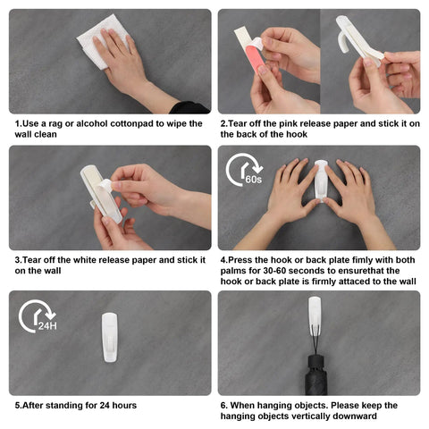 Installation guide for Damage Free Adhesive Hooks Set With Sixteen Hooks And Thirty Two Strips Holds Up To Five Pounds Per Hook