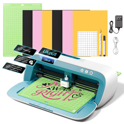 Vinyl Cutter Machine With Print Then Cut, Essential Starter Bundle For DIY Crafts, Smart Sticker Maker shown with tools and materials