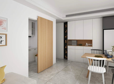 Concealed Sliding Door Hardware Kit With Soft Close And Floor Rail, Lightweight Hidden Track Wall Mount System For Opening Width Up To 30 Inches, 38 Inch Track Length, No Door Included, For Modern Minimalist Interiors installed in living room