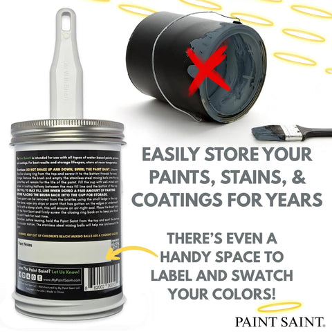 Airtight Touch Up Paint Container With Built In Brush And HaloTip Premium Brush for mess-free storage, promotional text displayed.