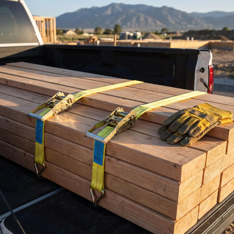 Heavy Duty Ratchet Straps 2 Inch By 17 Foot Rated For Up To 10000 Pounds securing lumber in a truck bed with gloves.