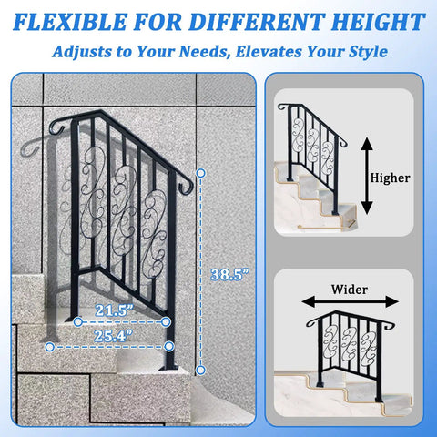 Super Tight Grip Outdoor Handrails For Steps And Indoor Stair Railing Kit Black Iron Guard adjusts for varying heights with scroll patterns.