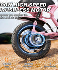 Close-up of 16-Inch Fat Tire Electric Mountain Bike with 800W Peak Motor, pink frame and powerful wheel on trail.