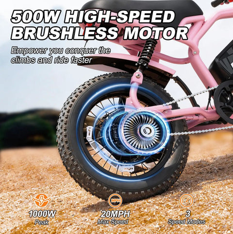 Close-up of 16-Inch Fat Tire Electric Mountain Bike with 800W Peak Motor, pink frame and powerful wheel on trail.