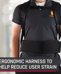 Person wearing Backpack Pro Vacuum With HEPA Media Filter And Extra Long Cord Lightweight Bagged Cleaning System For Carpet And Hard Floors Chiropractor Harness For Reduced Strain Quiet Commercial Grade Shoulder Vacuum harness.