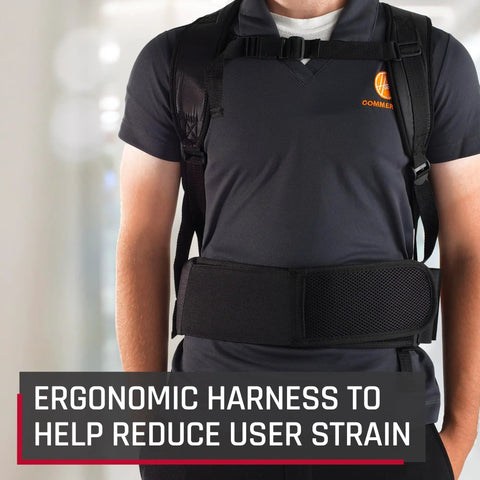 Person wearing Backpack Pro Vacuum With HEPA Media Filter And Extra Long Cord Lightweight Bagged Cleaning System For Carpet And Hard Floors Chiropractor Harness For Reduced Strain Quiet Commercial Grade Shoulder Vacuum harness.