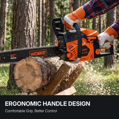 Gas Powered Chainsaw With 20 Inch And 18 Inch Bars, Easy Start 3.5HP Xtreme Engine cutting wood with ergonomic handle design