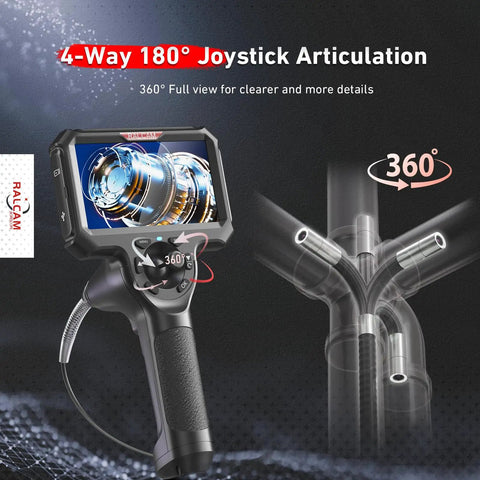4 Way 360 Degree Articulating Borescope With Joystick Control For Mechanics Gearheads Automotive HVAC Wall Inspections, 5 Inch LCD Display, Flexible Probe For Tight Spaces, 5-inch screen