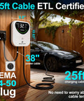 Level 2 EV Charger With WiFi App Control and RFID Start 48A Fast Wall Mounted Station with 25 ft J1772 Cable NEMA 14-50P Plug