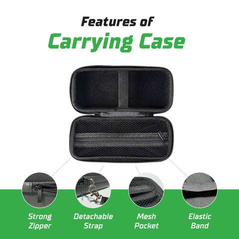 Open carrying case showing mesh pocket, detachable strap, strong zipper, and elastic band for Portable Cordless Tire Inflator With Hard Case Bundle Quick Accurate Air Pump For Car Truck SUV Motorcycle And Bicycle 120 PSI Gauge Compact Air Compressor With Carrying Case.