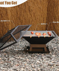 Compact 19.8 Inch Square Fire Pit with removable ash pan and mesh lid, setup with grill for BBQ on a patio