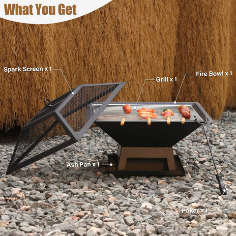 Compact 19.8 Inch Square Fire Pit with removable ash pan and mesh lid, setup with grill for BBQ on a patio