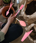 Succulent Planting Kit For Pots And Bonsai Care 5 Piece Pink Garden Tool Set With Transplanting Trowel Spade Fork Tweezers And Sheath For Indoor Outdoor Gardening, pink tools in use