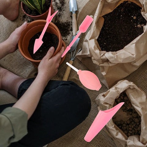 Succulent Planting Kit For Pots And Bonsai Care 5 Piece Pink Garden Tool Set With Transplanting Trowel Spade Fork Tweezers And Sheath For Indoor Outdoor Gardening, pink tools in use