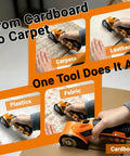 Heavy Duty Cordless Electric Scissors With Led Work Light And Safety Lock, Rechargeable 4V Box Cutter For Cardboard Leather Fabric, 2000Mah Battery Cuts Materials Like A Hot Knife Through Butter being used on carpets, leather, fabric, and cardboard.
