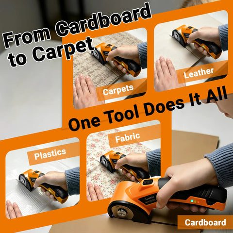 Heavy Duty Cordless Electric Scissors With Led Work Light And Safety Lock, Rechargeable 4V Box Cutter For Cardboard Leather Fabric, 2000Mah Battery Cuts Materials Like A Hot Knife Through Butter being used on carpets, leather, fabric, and cardboard.