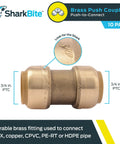 Three Quarter Inch Brass Push To Connect Coupling Kit Pack Of 10 For PEX Copper CPVC PERT HDPE Plumbing Fittings