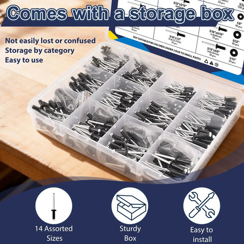 Nine Hundred Seventy Piece Assorted Pop Rivets With Washers Kit Includes Solid Aluminum Blind Rivets in storage box for easy organization.