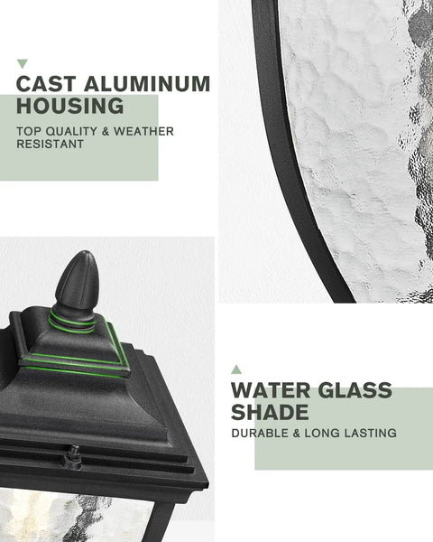Close-up of outdoor post lantern black cast aluminum housing and water glass shade, highlighting durability and weather resistance.