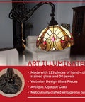 Tiffany Style Arched Floor Lamp With Stained Glass Shade And Jewel Accents, 62 Inch Tall Antique Brown Red Tan Traditional Reading Light