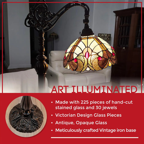 Tiffany Style Arched Floor Lamp With Stained Glass Shade And Jewel Accents, 62 Inch Tall Antique Brown Red Tan Traditional Reading Light