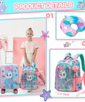 kids travel luggage set with colorful suitcase and backpack for girls featuring fun designs, showing a young girl standing with luggage