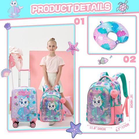 kids travel luggage set with colorful suitcase and backpack for girls featuring fun designs, showing a young girl standing with luggage