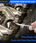 SLNIHAMS stainless steel feeler gauge blade being inserted into engine valve clearance area, rocker arms, close-up