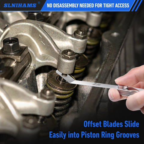 SLNIHAMS stainless steel feeler gauge blade being inserted into engine valve clearance area, rocker arms, close-up
