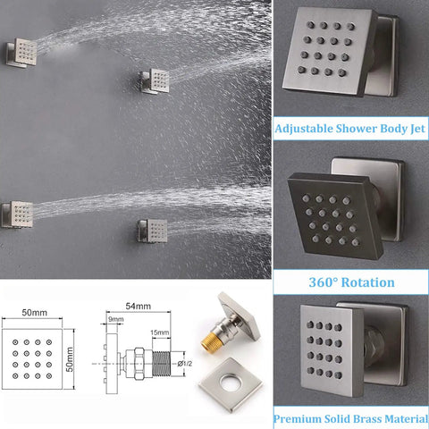 WHSHOWER Brushed Nickel Dual Rain Shower System Bathroom Shower Faucet Set with adjustable body jets and 360° rotation.