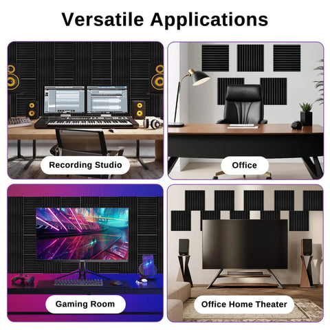 Premium High Density Acoustic Foam Panels 52 Pack Dampening Wall Tiles in recording studio, gaming room, office, and home theater.