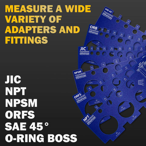 Image of Pro Grade Thread Identification Kit With Pitch Gauge And Fitting Cards, showing six measurement cards for hydraulic fittings.