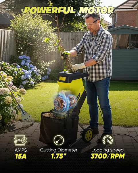 Man using Corded Electric Wood Chipper Shredder With 15 Amp Motor And 1.75 Inch Cutting Capacity in garden with bag attached.