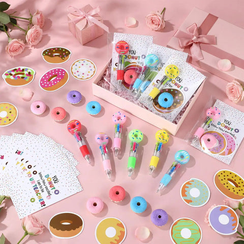 Must Have 36 Donut Shaped Gel Pens Set For Back To School Gifts with cards, stickers, 3D erasers on pink background