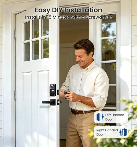 Heavy Duty Keyless Entry Deadbolt Lock Paired With Smooth Lever Handle Set In Matte Black Touchscreen Security Keypad For Front Door Bulletproof No Sweat Install
