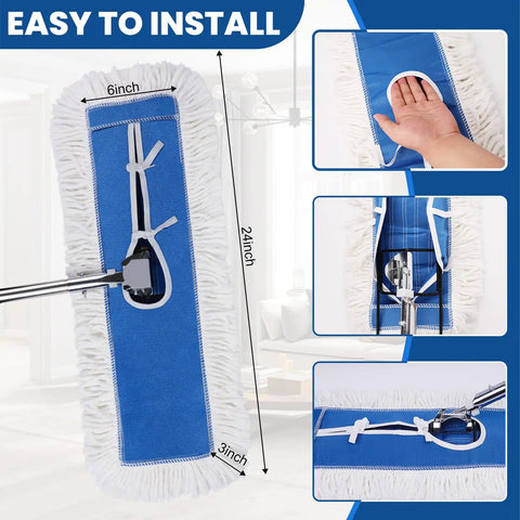 Heavy Duty Cotton Dust Mop Heads 2 Pack 24 Inch Lint Free Loop End Machine Washable Floor Cleaners detailing size and installation.