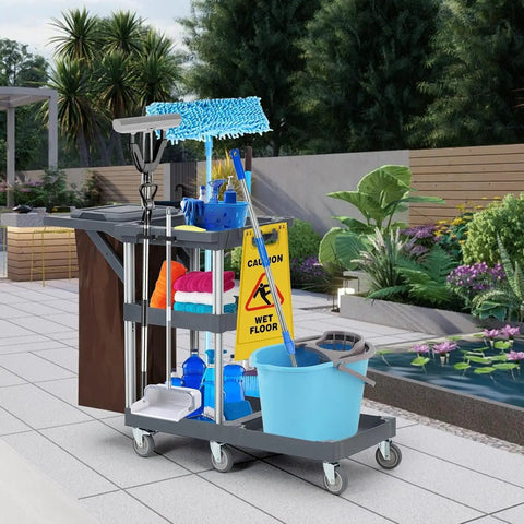 Built Different Heavy Duty Three Shelf Janitorial Cart With Roller Wheels And Secure Protective Cover includes cleaning supplies and caution sign.